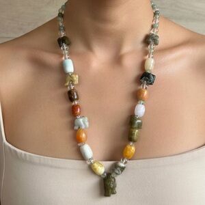 Handmade Green, Orange, Lavender Jade Necklace with Multi Gemstones 28”